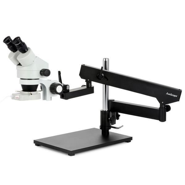 AmScope SM-7B Series Binocular Zoom Stereo Microscope 7X-45X on Articulating Stand with Base Plate and 70-LED Ring Light