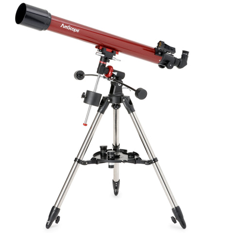 AmScope Refractor EQ Telescope with Equatorial Mount, 70mm Aperture, 900mm Focal Length, Stainless Steel Tripod and Red Dot Finder