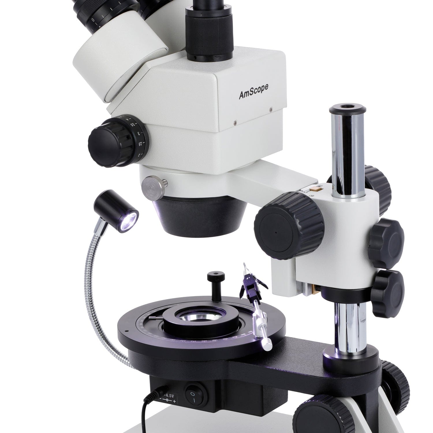 AmScope GE300 Series Cordless LED Jewel Gem Zoom Trinocular Stereo Microscope 3.5X-45X Magnification on Pillar Stand with Darkfield Stage