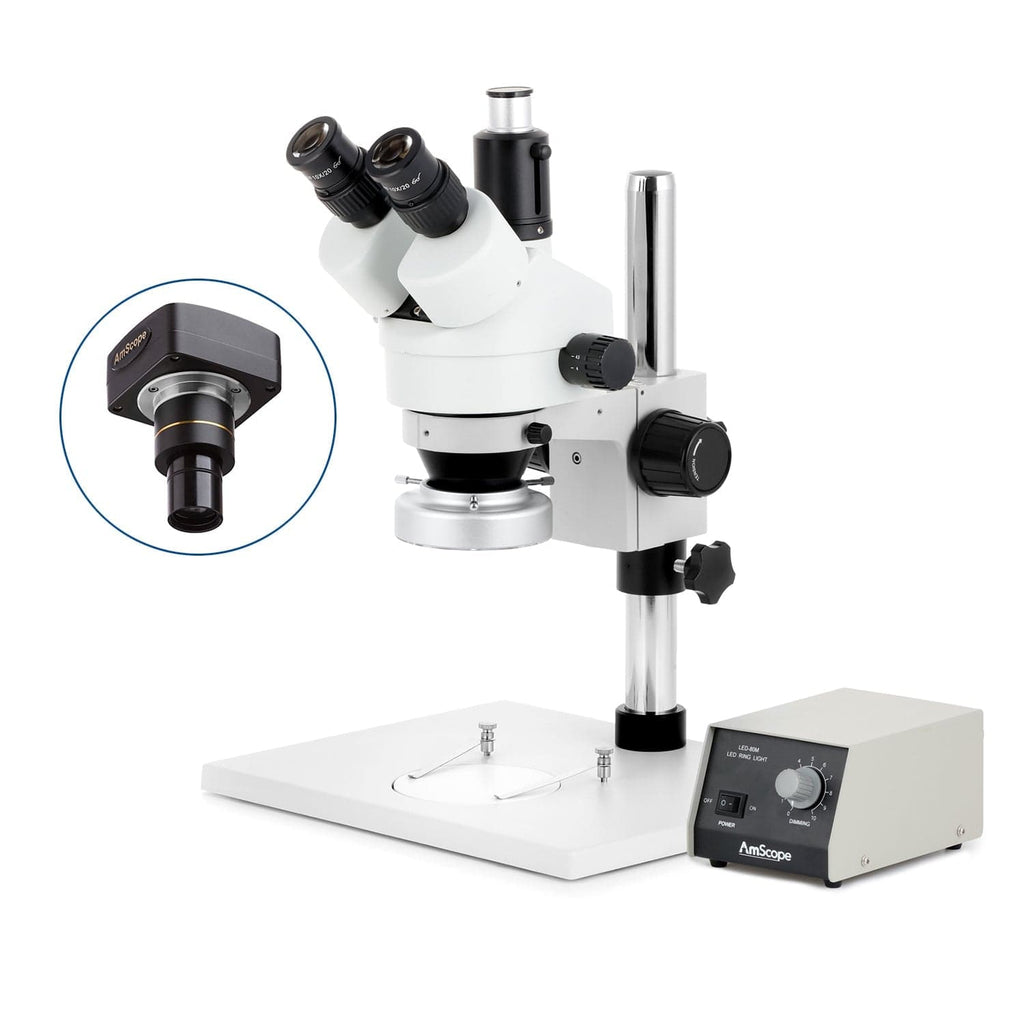 AmScope SM-1 Series Zoom Trinocular Stereo Microscope on Pillar Stand