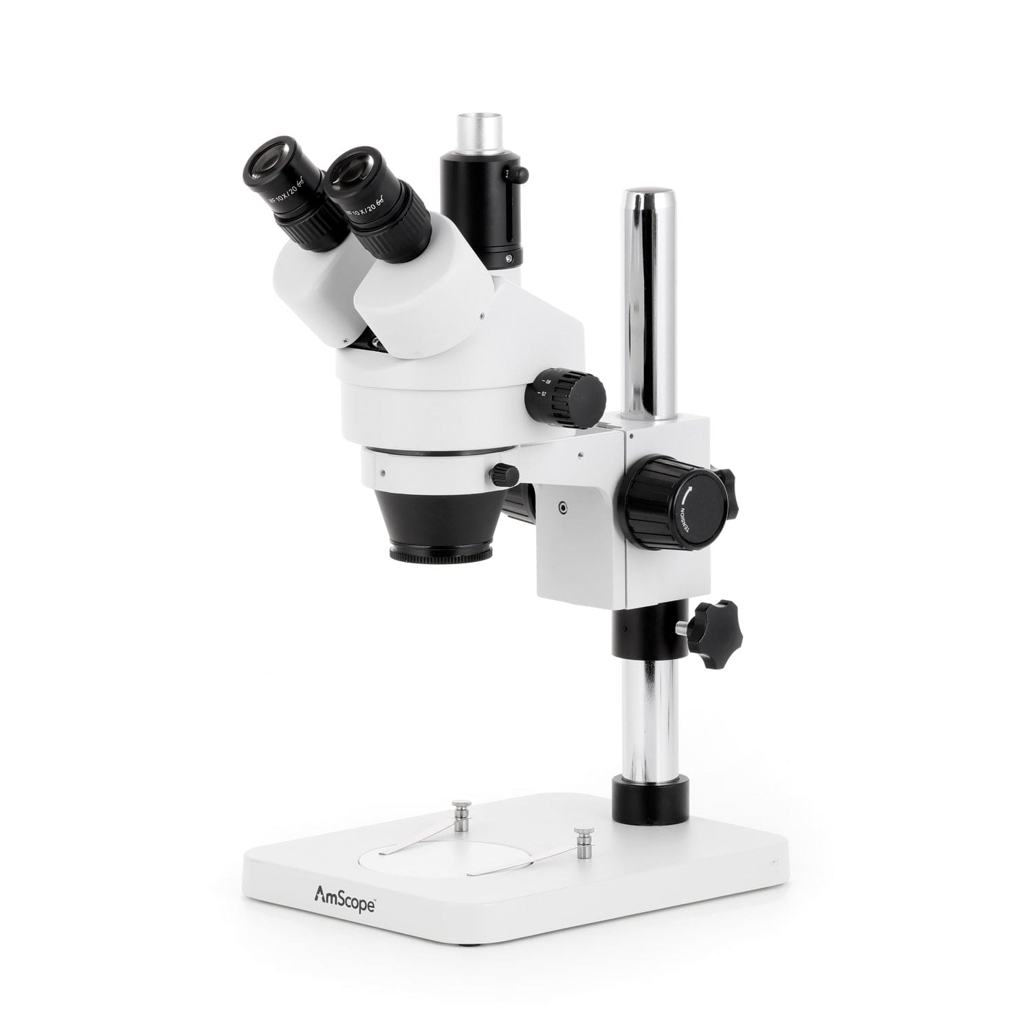 AmScope SM-1 Series Zoom Trinocular Stereo Microscope with 30W LED Single Fiber Optic Gooseneck Light and Optional Digital Camera on Pillar Stand