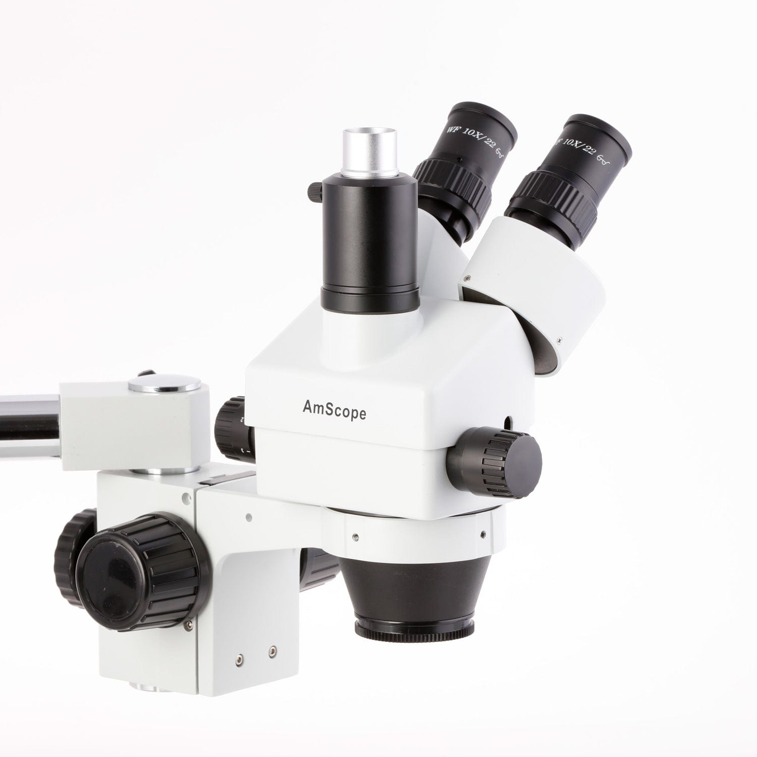AmScope SM-3 Series Simul-Focal Zoom Trinocular Stereo Microscope with Optional Digital Camera on Single Arm Boom Stand