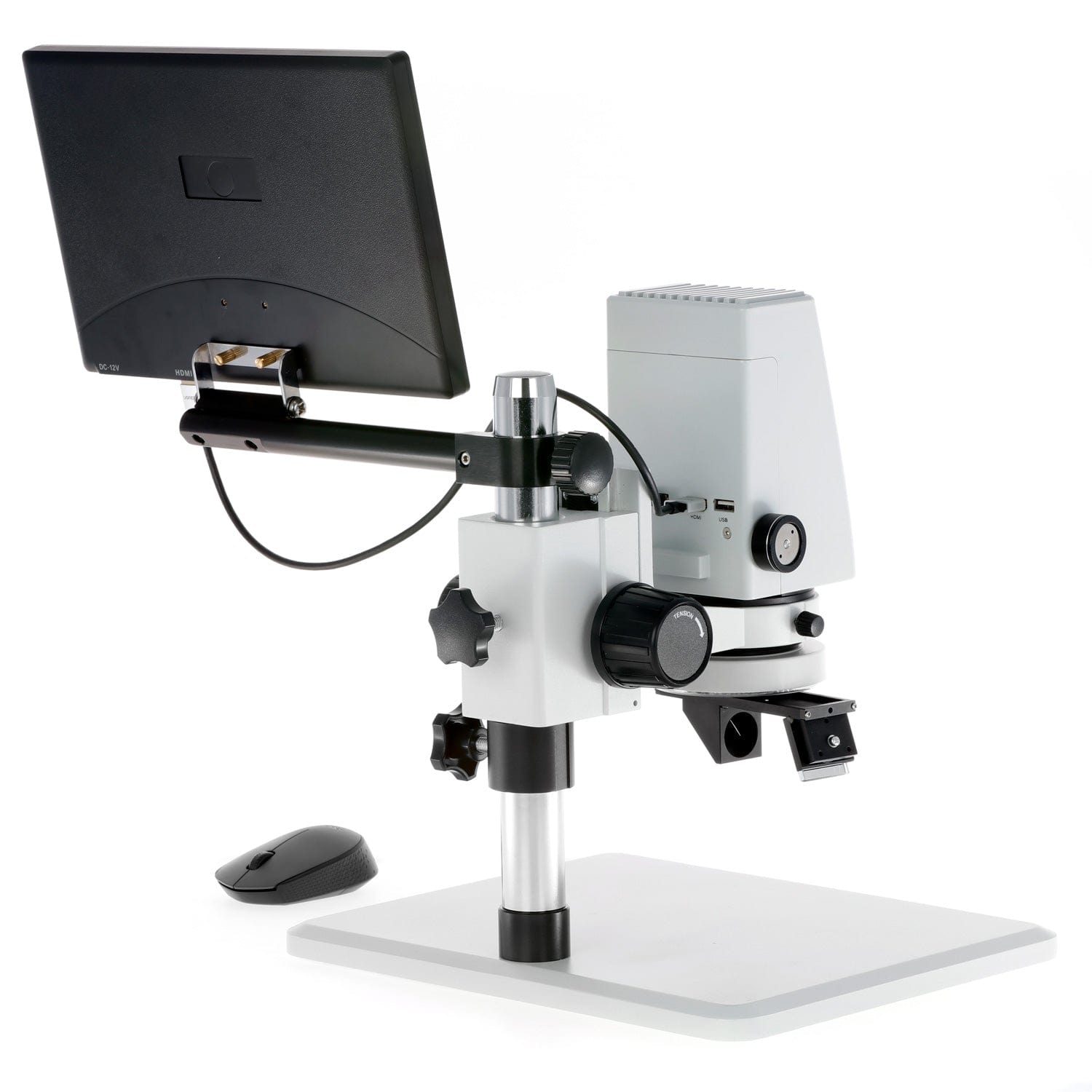AmScope DM750-2MP-HDM11-3DR Zoom Tabletop Video Inspection Digital Microscope System 5X Magnification on Pillar Stand with 11.6