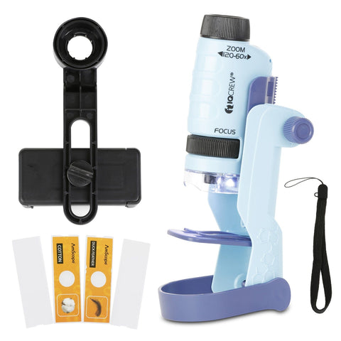 60X-120X Portable Battery Operated LED Handheld Microscope with Smartphone Mount, Slides and more