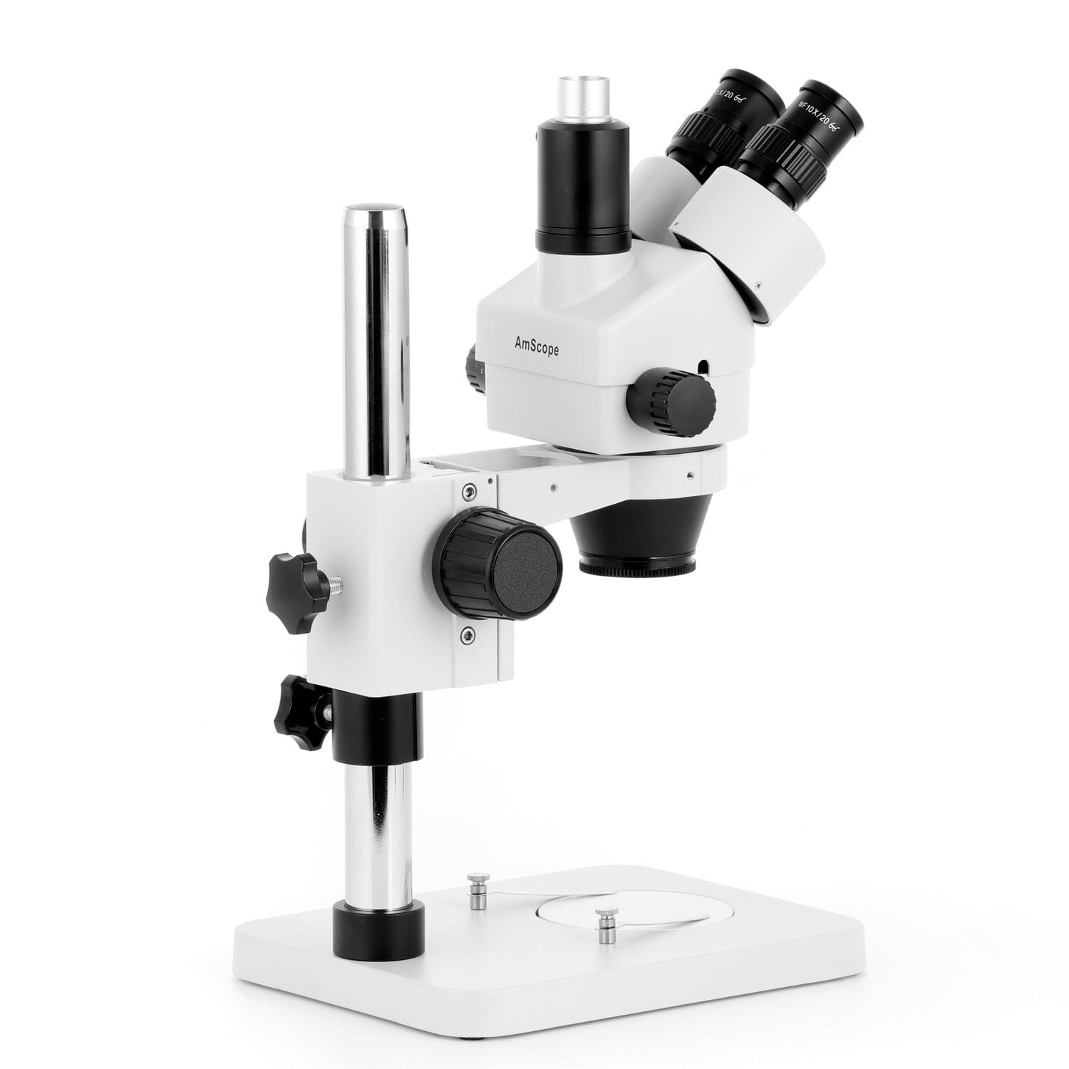 AmScope SM-1 Series Zoom Trinocular Stereo Microscope with 30W LED Single Fiber Optic Gooseneck Light and Optional Digital Camera on Pillar Stand
