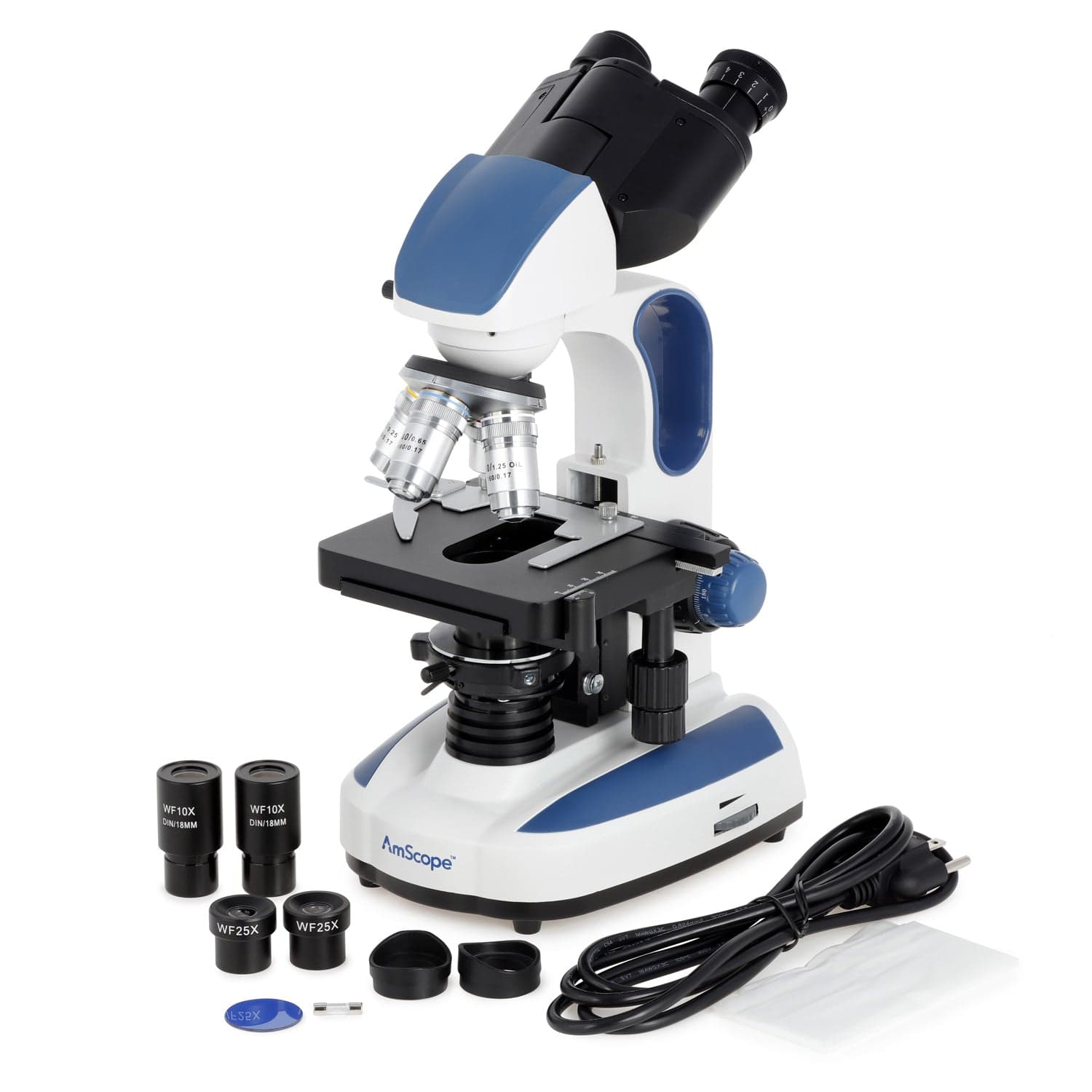 AmScope B270 Series Binocular Compound Microscope Premium Student Bundles: 40X-2500X Magnification LED with 3D Stage, C-mount Microscope Camera, Blank Slides and Cover Slips, Pipettes, 6-Piece Tweezers Set, Safety Lock, and more