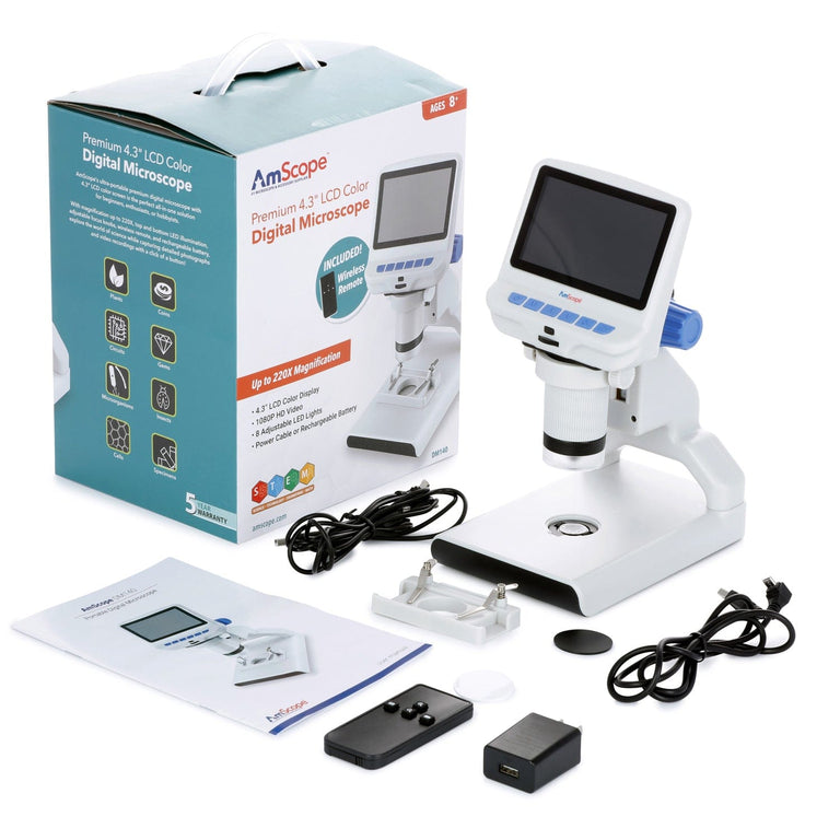 Amscope DM140 Digital Compound Microscope for Kids – Up to 220X Top & Bottom LED Illumination LCD Screen, Photo & Video Capture, STEM Learning