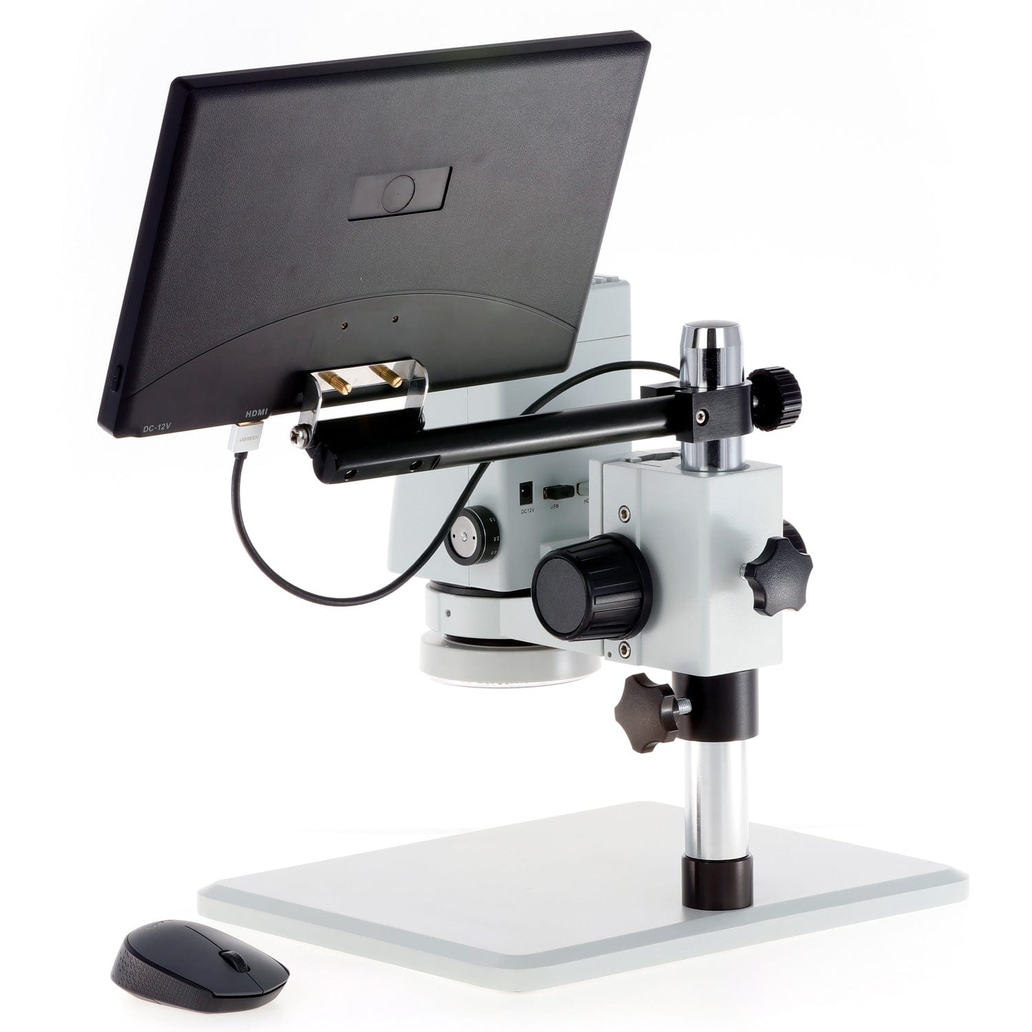 AmScope DM750-2MP-HDM11 Zoom Tabletop Video Inspection Digital Microscope System 5X Magnification on Pillar Stand with 11.6" Monitor