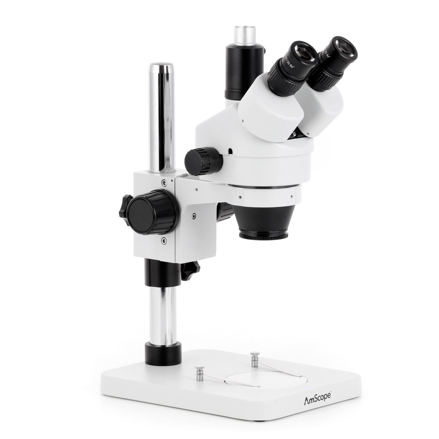 AmScope SM-1 Series Zoom Trinocular Stereo Microscope with 30W LED Single Fiber Optic Gooseneck Light and Optional Digital Camera on Pillar Stand