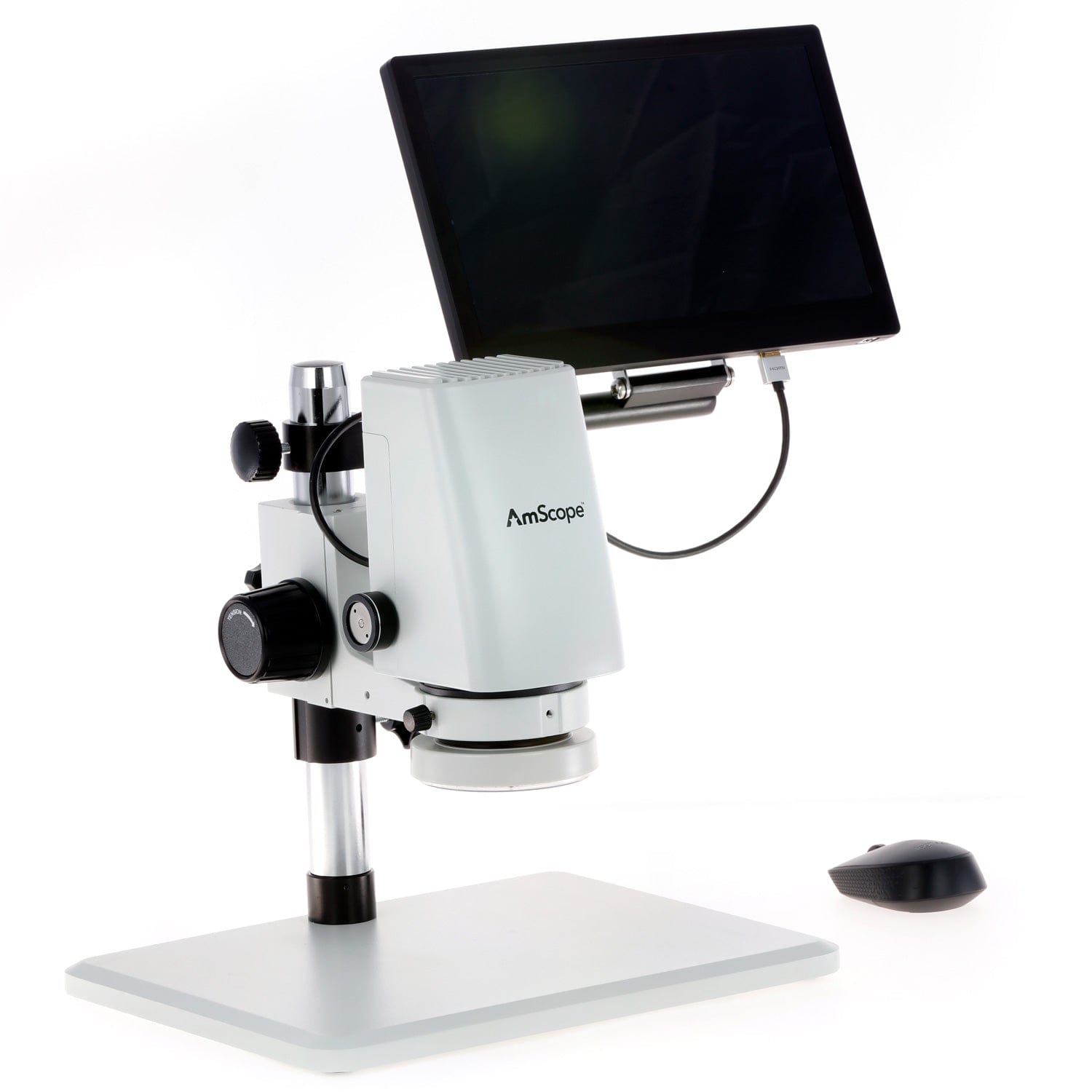 AmScope DM750-2MP-HDM11 Zoom Tabletop Video Inspection Digital Microscope System 5X Magnification on Pillar Stand with 11.6" Monitor