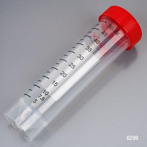 Globe Scientific Diamond MAX Self-Standing Polypropylene Sterile 50mL Centrifuge Tube w/Attached Red Flat Top Screw and Printed Graduations,