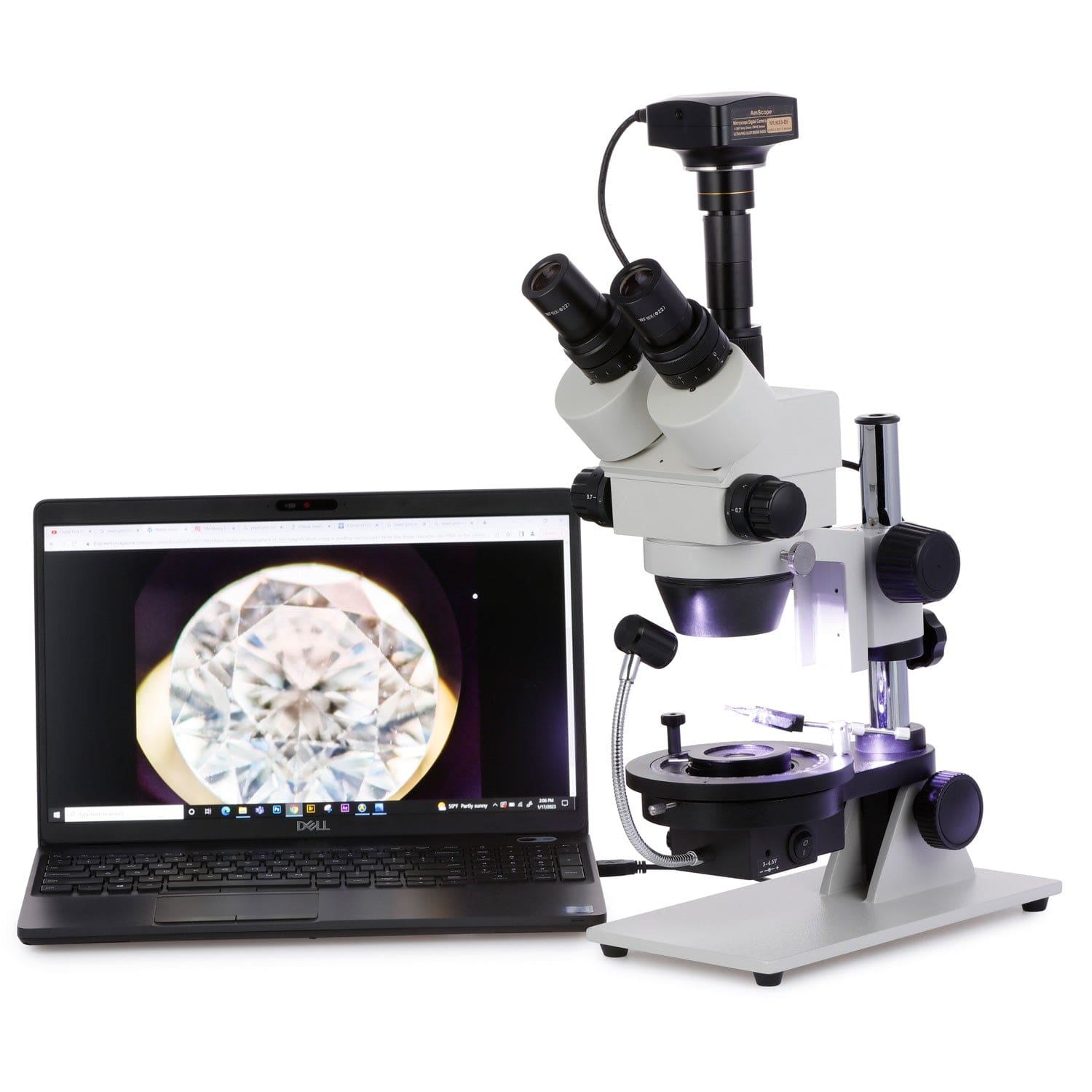 AmScope GE300 Series Cordless LED Jewel Gem Zoom Trinocular Stereo Microscope 3.5X-45X Magnification on Pillar Stand with Darkfield Stage