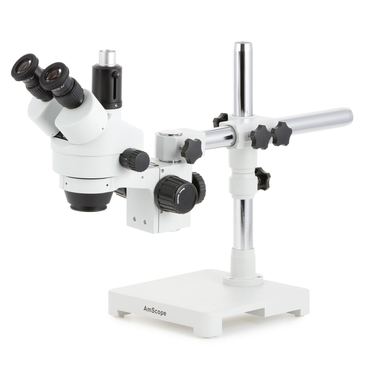 AmScope SM-3 Series Simul-Focal Zoom Trinocular Stereo Microscope with Optional Digital Camera on Single Arm Boom Stand