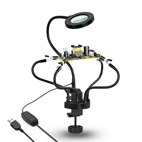 5X Magnification Dual Gooseneck 42 LED Magnifying Lamp with Circuit Board Holders and Table Clamp