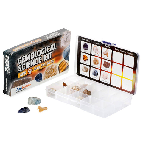 Gemological Science Kit W/ 9 Rock Specimens (3 Gemstones, 3 Crystals, 3 Fossils All in 1 Box) and Extra Slots for DIY Rock Collection