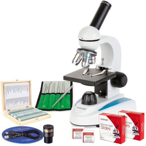 40X-1000X Portable LED Monocular Student Microscope with 1MP Digital Camera, 6-Piece Precision Tweezers Set and 100-Piece Prepared Microscope Slide Set