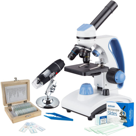 40X-1000X Portable Dual Light Metal Frame Microscope with 25-Piece Prepared Slides Set and Tweezers Plus BONUS Handheld Multi-USB Digital Microscope for PC and Android