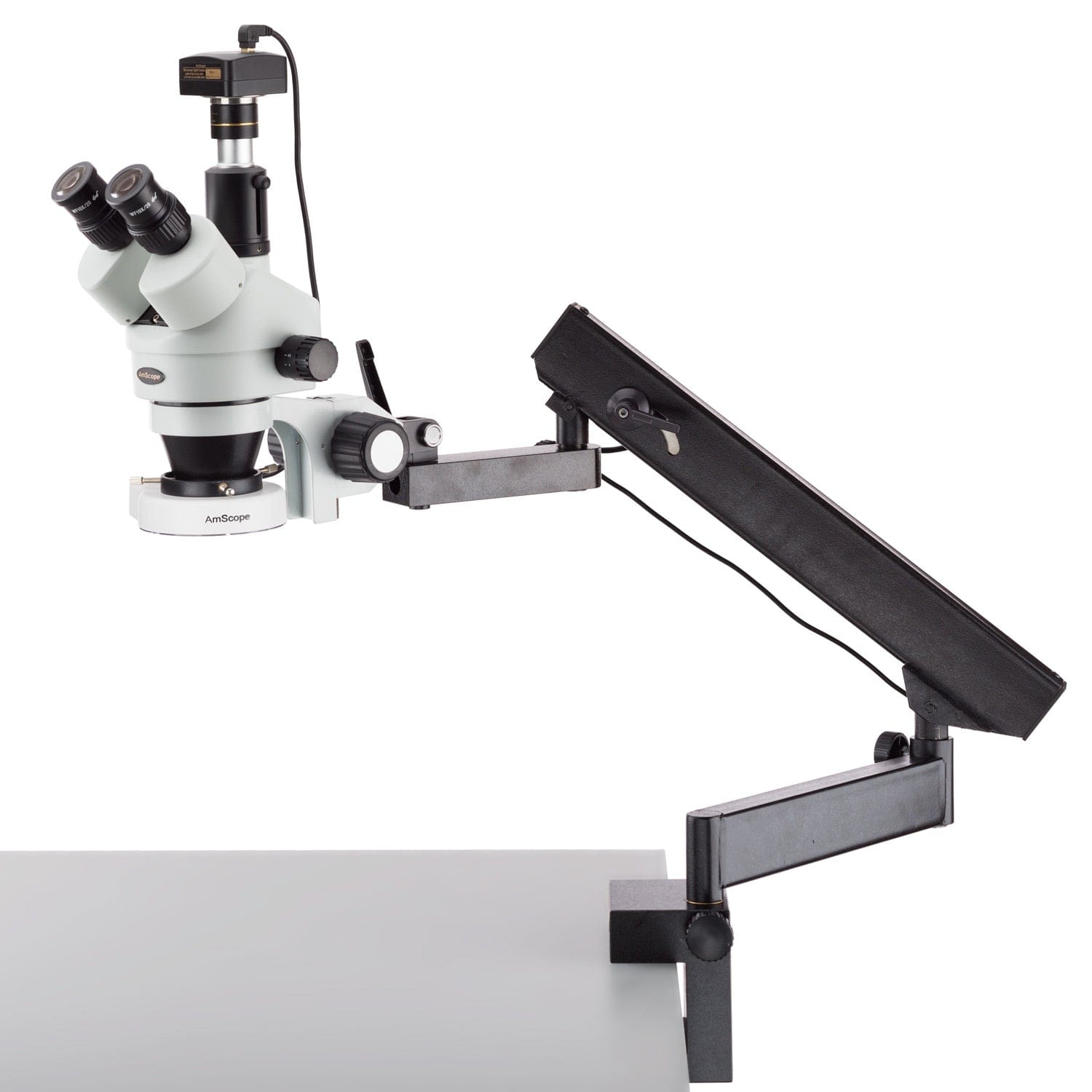 AmScope SM-6TZ-80S-5M Digital Enabled Trinocular Stereo Microscope with 90X Magnification and LED Light Source 5MP Camera on a Articulating Arm with Clamp