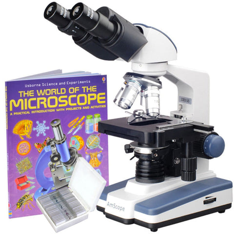 40X-2500X LED Lab Binocular Compound Microscopew/ Book + 25 Prepared Slides