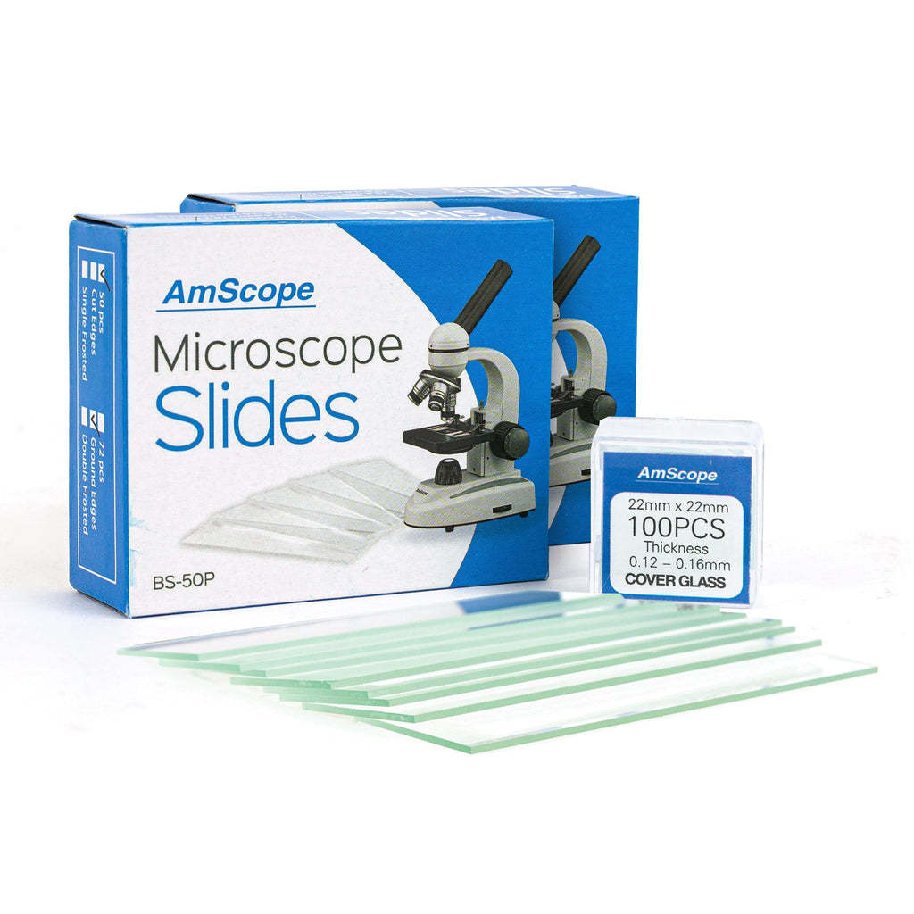 AmScope 100 Pre-Cleaned Blank Microscope Slides and 100 22x22mm Square