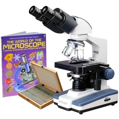 40X-2500X Binocular LED Compound Microscope w/ Siedentopf Head + 100 Prepared Slides + Book + 3MP Digital Camera