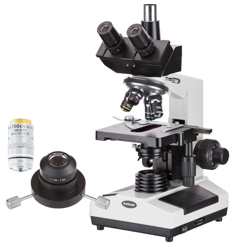 20W Halogen Premium Darkfield Trinocular Microscope w/Oil Condenser, 100X IRIS Objective and Optional Digital Camera