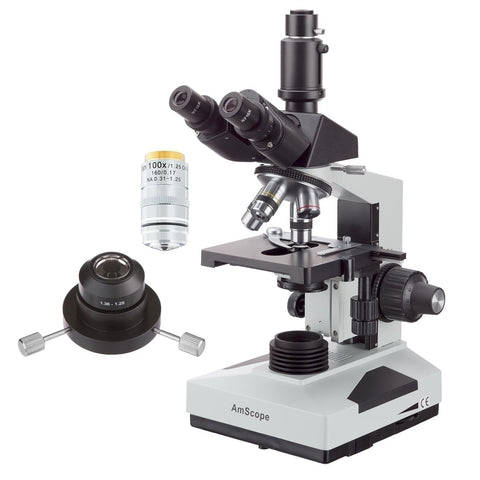 20W Halogen Simul-Focal Darkfield Trinocular Microscope w/Oil Condenser, 100X IRIS Objective, Optional Digital Camera