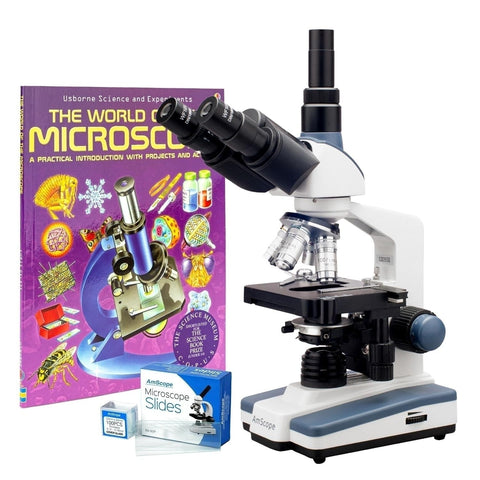 40X to 2500X Trinocular LED Compound Microscope with Siedentopf Head + 50 Blank Slides + Book