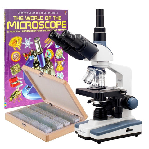 40X to 2000X Trinocular LED Compound Microscope with Siedentopf Head + 100 Prepared Slides + Book + 5MP Digital Eyepiece