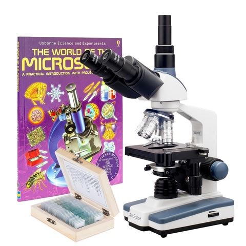 40X to 2500X Trinocular LED Compound Microscope with Siedentopf Head + 25 Prepared Slides + Book + 5MP Digital Eyepiece