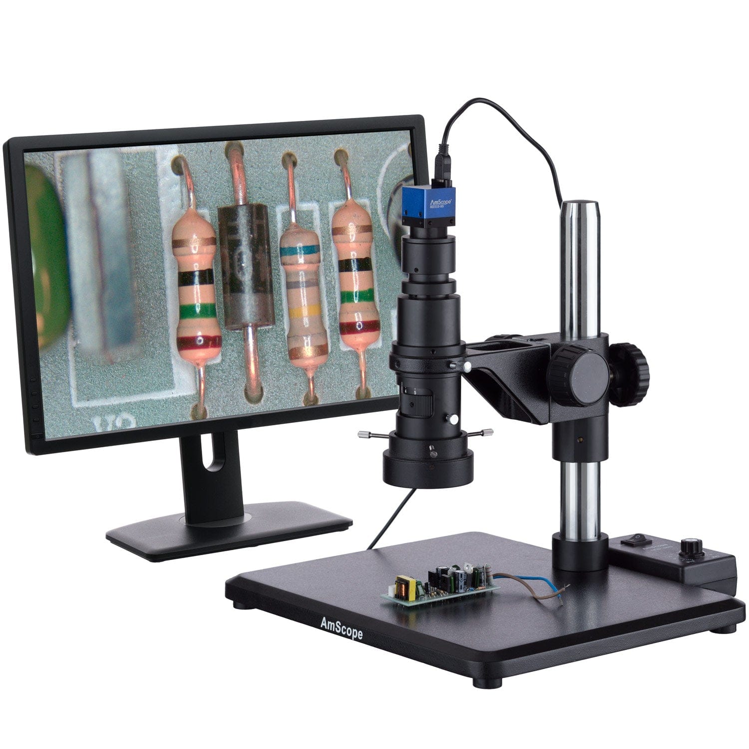 0.7X-5X Zoom Inspection Microscope w/ LED Ring Light on Table Stand + HDMI Camera