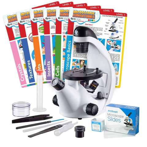 IQCrew Science Discovery Series 40X-500X Inverted Microscope with Blank Slides & Coverslips and Experiment Cards for Students and Kids