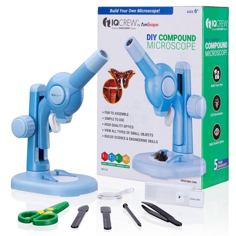 IQCREW® 15x Kids Beginner Do-It-Yourself, Build and Learn Microscope with Accessory Kit