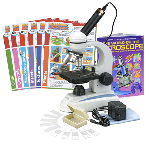 40X-1000X Student Microscope w Glass Lens & Metal Frame + Camera, Slides, World of Microscope Book and Experiment Cards