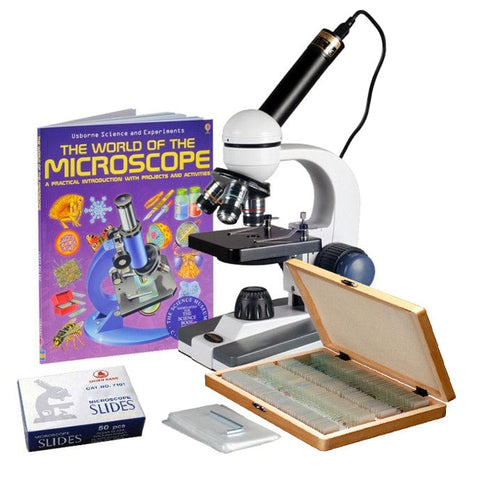 40X-1000X Portable LED Monocular Student Microscope + 1MP USB Eyepiece Camera + 100 Prepared Slides + 50 Blank Slides + Microscope Book