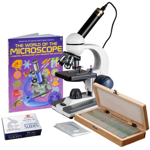 40X-1000X Portable LED Monocular Student Microscope + 1MP USB Eyepiece Camera + 50 Prepared Slides + 50 Blank Slides + Microscope Book