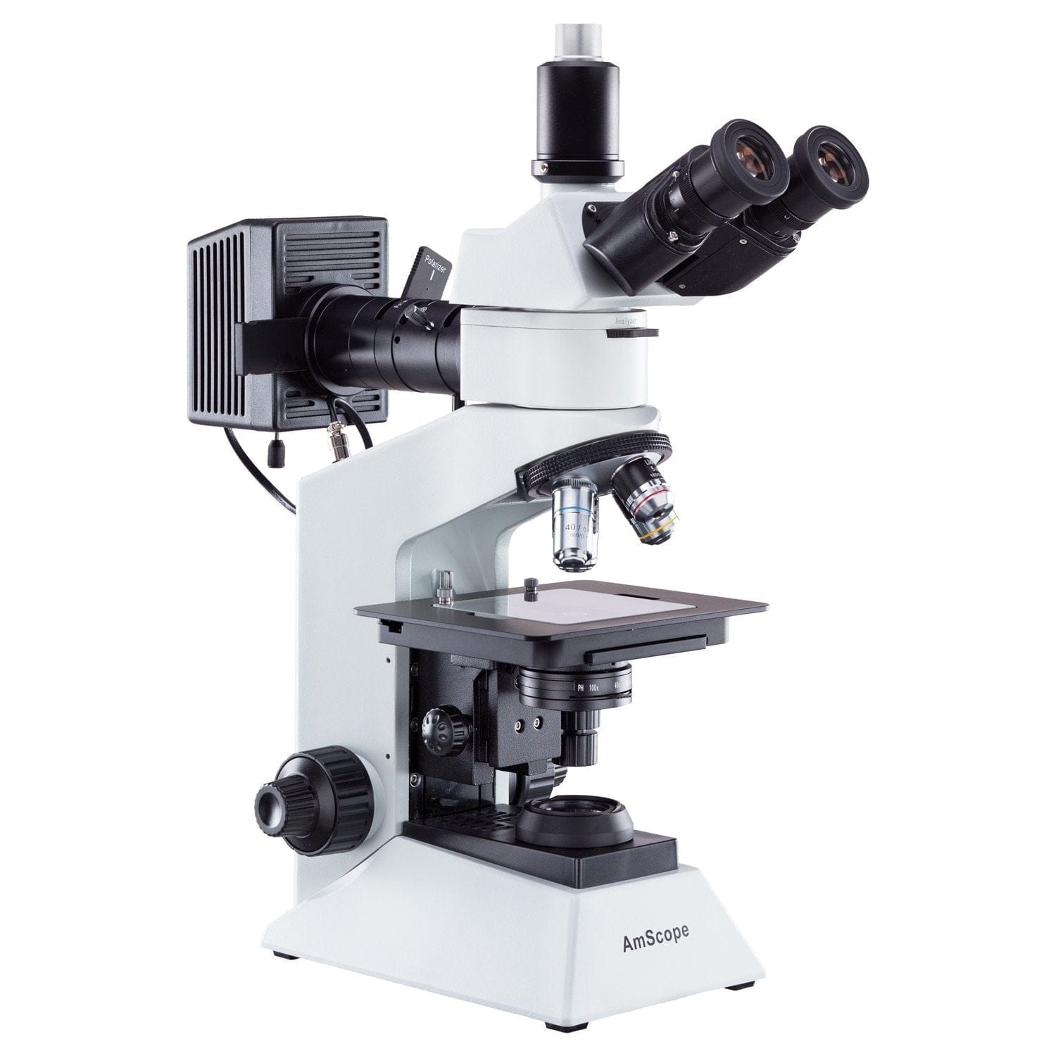 AmScope ME580 Series Compact Trinocular Metallurgical Compound Microscope Dual Illumination Polarized Light w/Optional Digital Camera