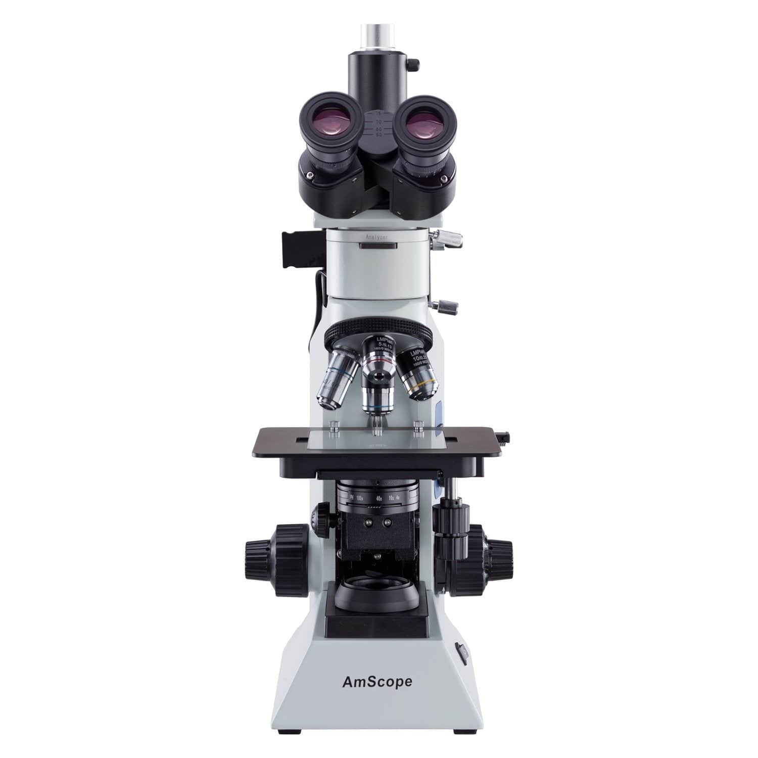 AmScope ME580 Series Compact Trinocular Metallurgical Compound Microscope Dual Illumination Polarized Light w/Optional Digital Camera