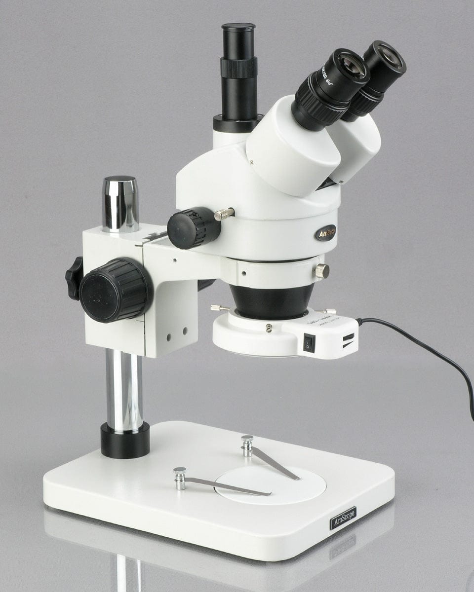 AmScope SM-1TS-144S Trinocular Stereo Microscope with 45X Magnification and LED Light Source on a Pillar Stand