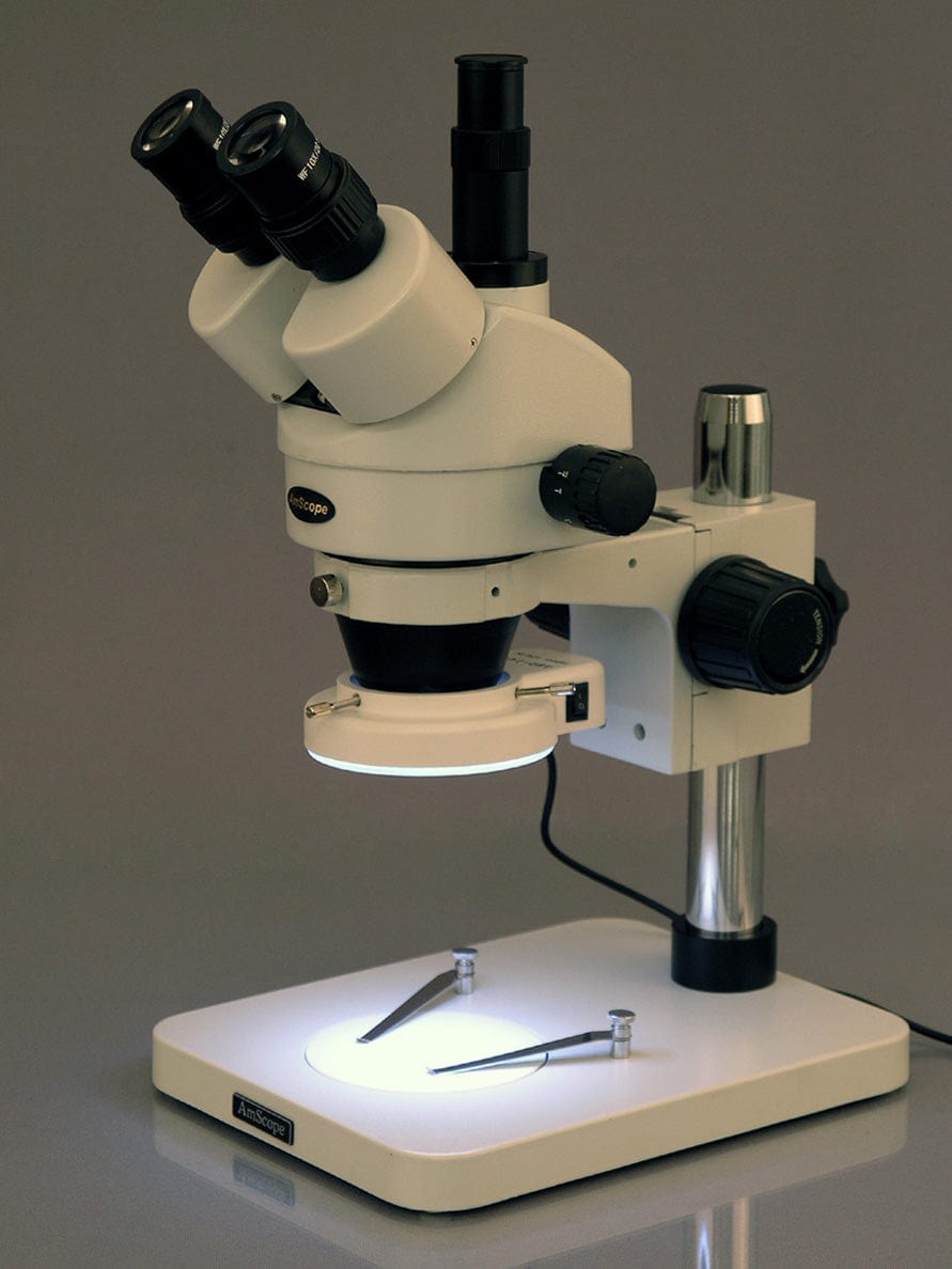AmScope SM-1TS-144S Trinocular Stereo Microscope with 45X Magnification and LED Light Source on a Pillar Stand