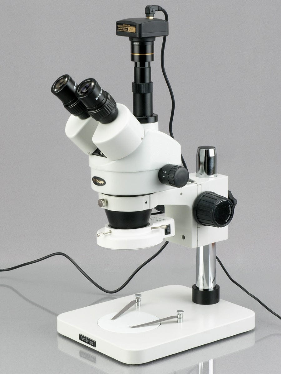 AmScope SM-1TS-144S Trinocular Stereo Microscope with 45X Magnification and LED Light Source on a Pillar Stand