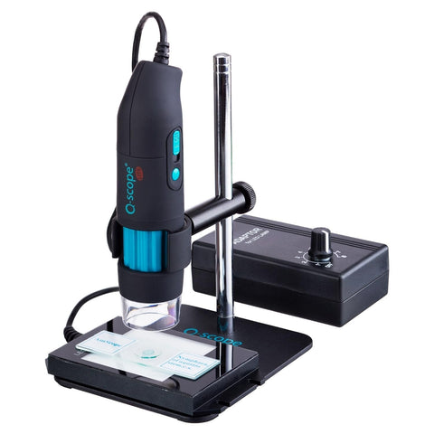Q-Scope 10X-50X, 200X 1.3MP Handheld USB Digital Microscope with LED Illumination, Simple Stand and Illumination Plate