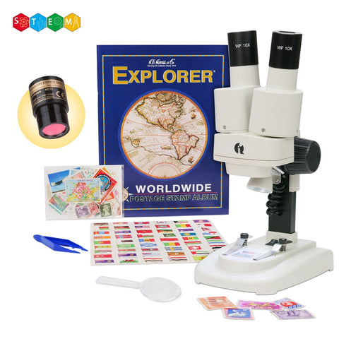 Kid's Deluxe Stereo Microscope with Digital Color Eyepiece Camera + Worldwide Postage Stamp Collecting Activity Kit + 20X and 50X Magnification + Dual-Illumination