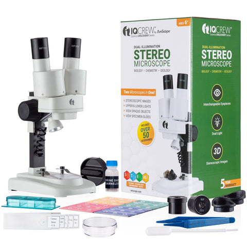 IQCrew Kid’s 20X and 50X Portable Stereo Microscope with LED Dual-Illumination and Deluxe 50 Piece Accessory Kit