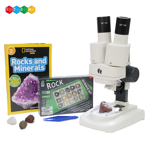 Kid's Deluxe Stereo Microscope with Rock and Mineral Collecting Activity Kit - 20X and 50X Magnification + Dual-Illumination