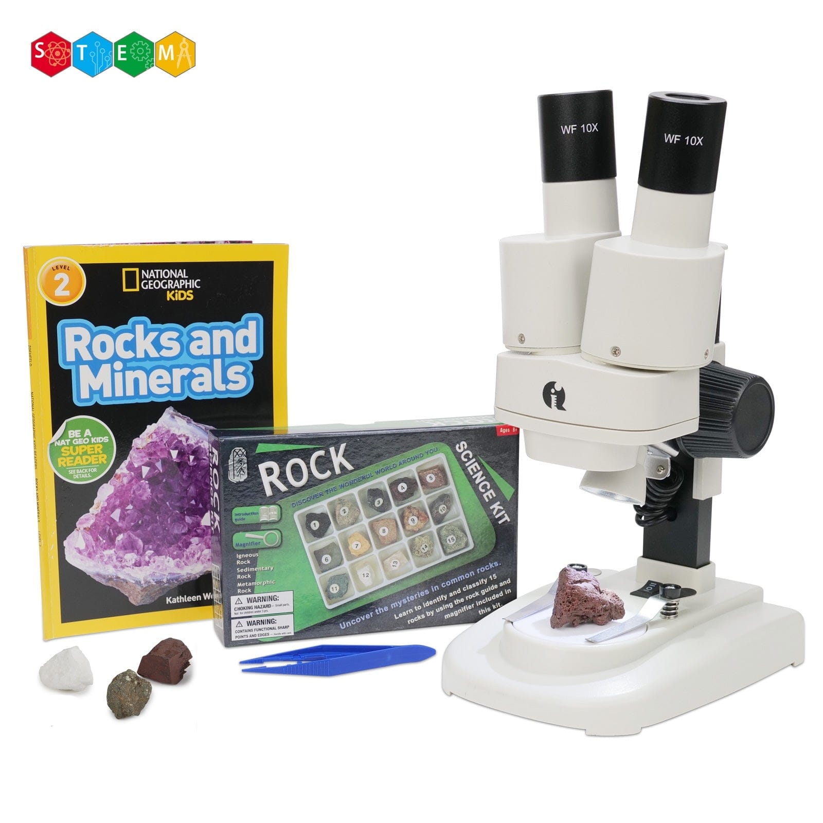 AmScope Kid's Deluxe Stereo Microscope with Rock and Mineral Collecting  Activity Kit - 20X and 50X Magnification + Dual-Illumination