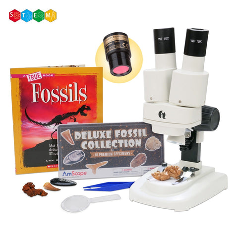 20x-50x Kid's Stereo Microscope with Digital Color Eyepiece Camera and Fossil Collecting Activity Kit with Dual-Illumination