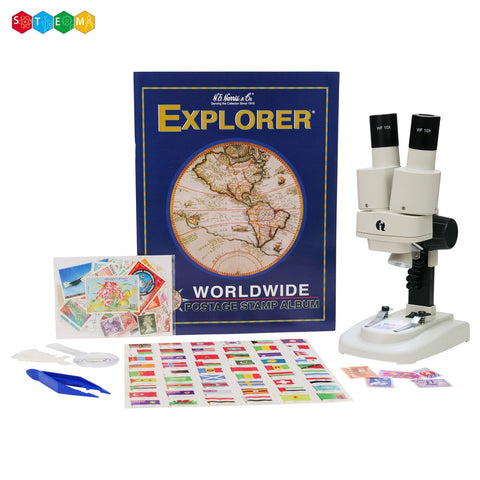Kid's Deluxe Stereo Microscope with Worldwide Postage Stamp Collecting Activity Kit - 20X and 50X Magnification + Dual-Illumination