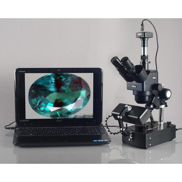 AmScope SH-2 Series Jewelry Gem Trinocular Stereo Microscope 5X-80X Magnification on Pillar Stand with Three Lights