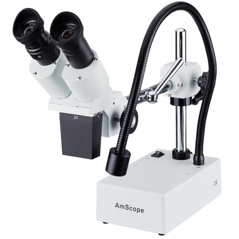 20X Compact Fixed-Lens Stereo Boom-Arm Microscope with Gooseneck LED Light